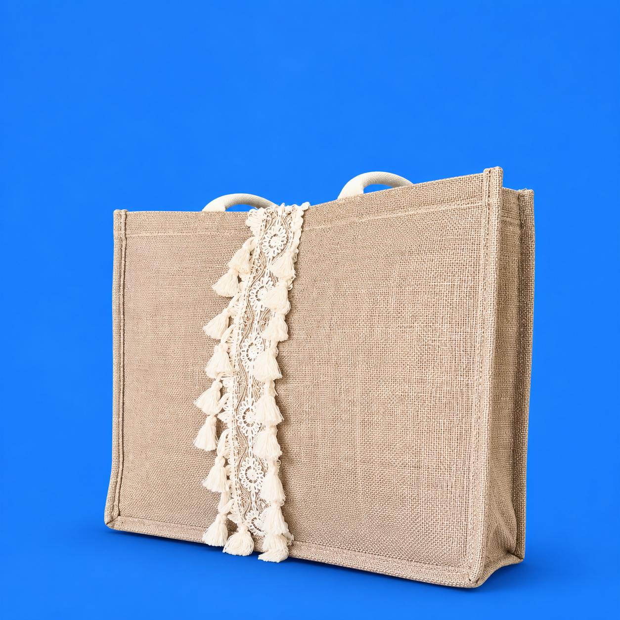 Beige tote with lace trim - dotgallery