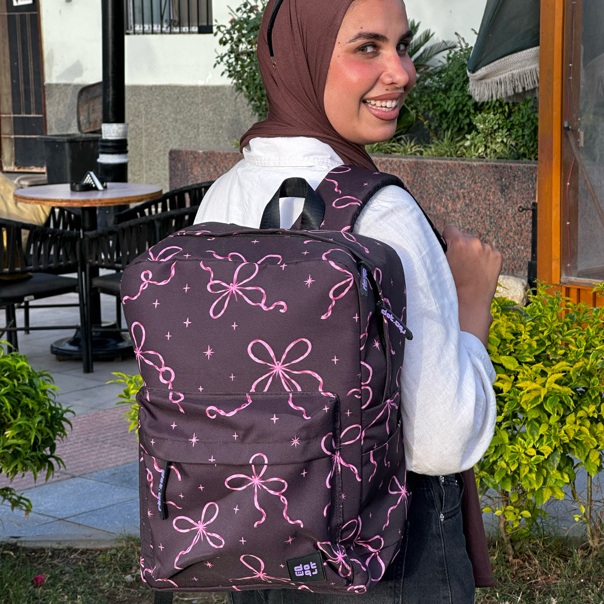 pink bow line backpack