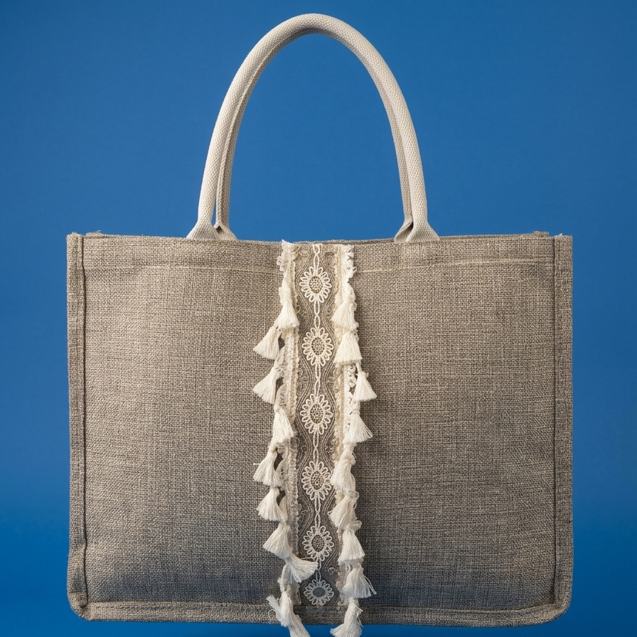 Beige tote with lace trim - dotgallery
